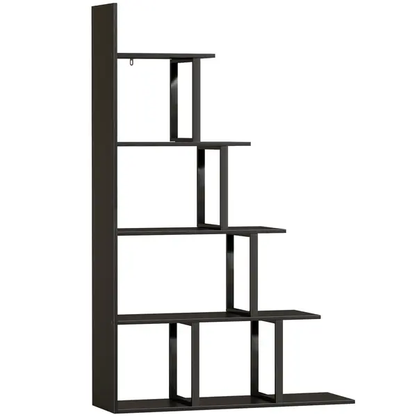 HOMCOM Etajeră bibliotecă separator de încăpere stil industrial în scară 5 rafturi 102 x 30 x 160 cm coloris negru | Aosom Romania