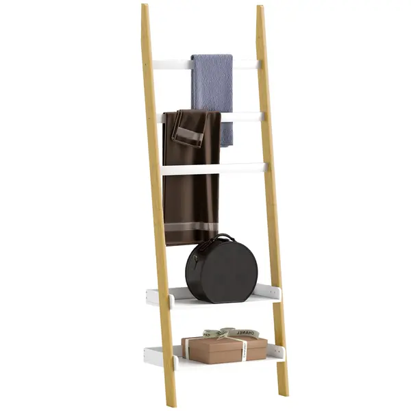 HOMCOM Etajeră de depozitare etajeră scară cu 2 rafturi și 3 suporturi pentru prosoape pentru cameră și living, alb | Aosom Romania