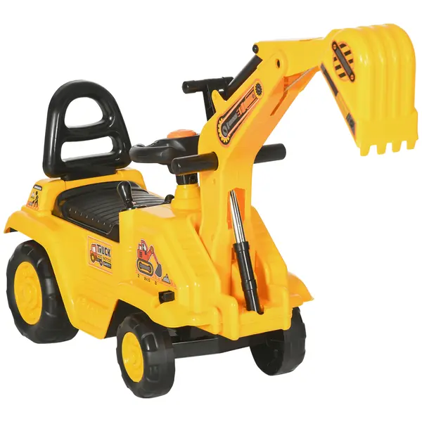 HOMCOM Excavator pentru copii cu cupă și spațiu de depozitare, claxon, volan, 18-48 luni, galben | Aosom Romania