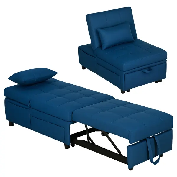 HOMCOM Fauteuil convertibil 1 loc fauteuil pat cu spătar reglabil, scaun căptușit și pernă, albastru | Aosom Romania