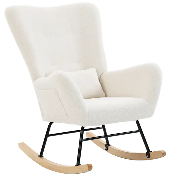 HOMCOM Fotoliu Balansoar din Pluș Teddy cu Spătar Înalt, Pernă, Picioare din Lemn de Hevea, Crem | Aosom Romania