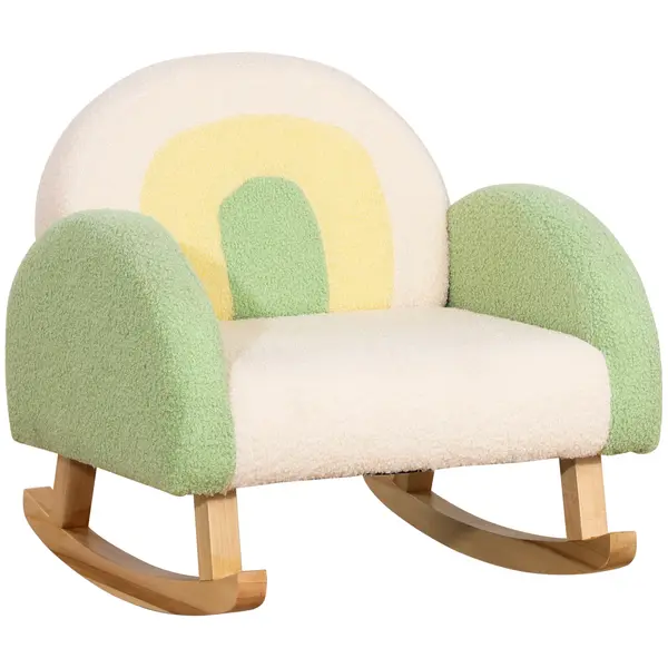 HOMCOM Fotoliu balansoar pentru copii mici, design drăguț, imitație de lână, lemn de eucalipt, Verde + Galben Bej | Aosom Romania