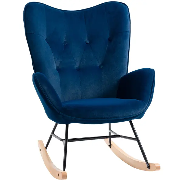 HOMCOM Fotoliu balansoar, rocking chair, fotoliu pentru alăptare confortabil cu structură din lemn masiv și metal pentru Living, Dormitor, Balcon, Catifea albastră | Aosom Romania