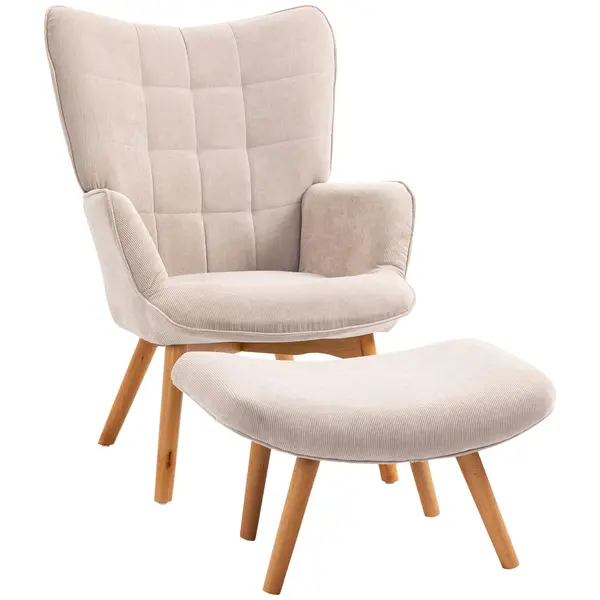 HOMCOM Fotoliu cu Taburet pentru Cameră sau Living din Catifea cu Model Crestat , Spătar Înalt și Brațe, 72x80x101 cm, Bej | Aosom Romania