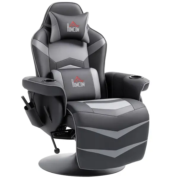 HOMCOM Fotoliu de gaming, funcție de masaj, spătar reglabil, suport pentru picioare, până la 120 kg, cadru din oțel, piele ecologică, Gri | Aosom Romania