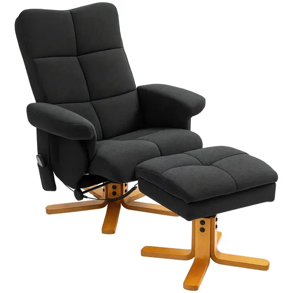 HOMCOM Fotoliu de Masaj cu Functie de Intindere si Taburet, Inclinare 145°, Poliester, 80 x 86 x 99 cm, Negru | Aosom Romania