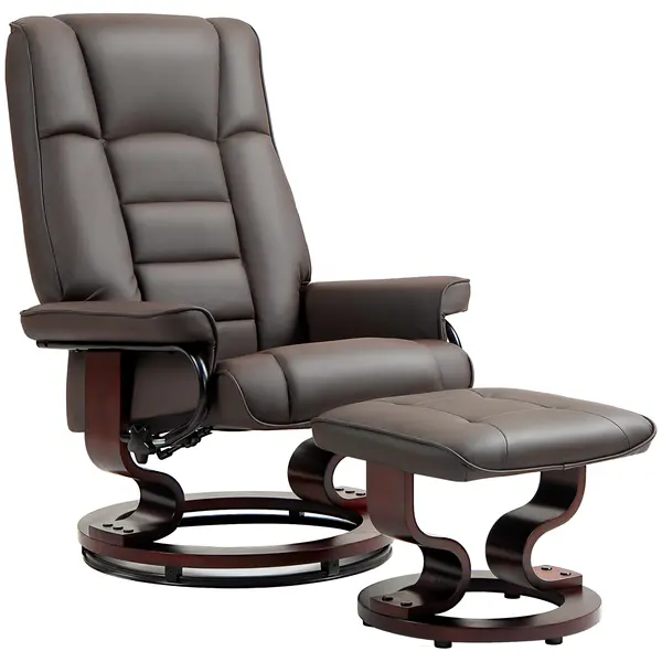 HOMCOM Fotoliu de relaxare cu taburet, rotativ & inalt reglabil, piele ecologică, până la 150 kg, cadru din lemn, Maro | Aosom Romania
