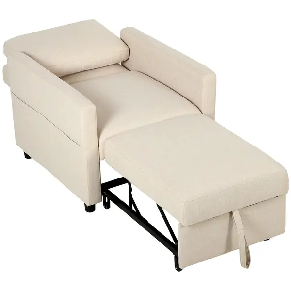 HOMCOM Fotoliu Extensibil 3 în 1 Pliabil cu Spătar Reglabil, Material cu Aspect de In, 78 x 94,5 x 83 cm, Alb Crem | Aosom Romania