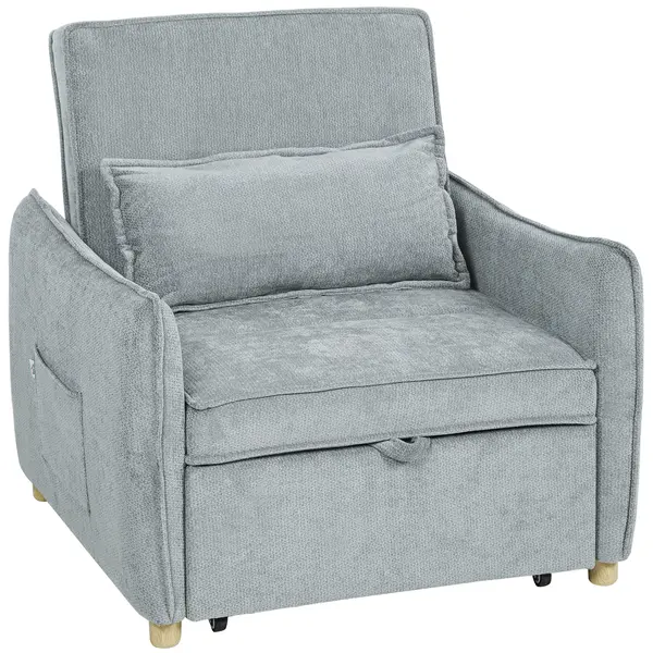 HOMCOM Fotoliu Pat 3 în 1 Pliabil, Spătar Reglabil 3 Poziții, Șezut Spațios, Pernă Detasabilă, Fotoliu Transformabil din Chenille cu Roți și Buzunare, 88x84x87 cm, Gri | Aosom Romania