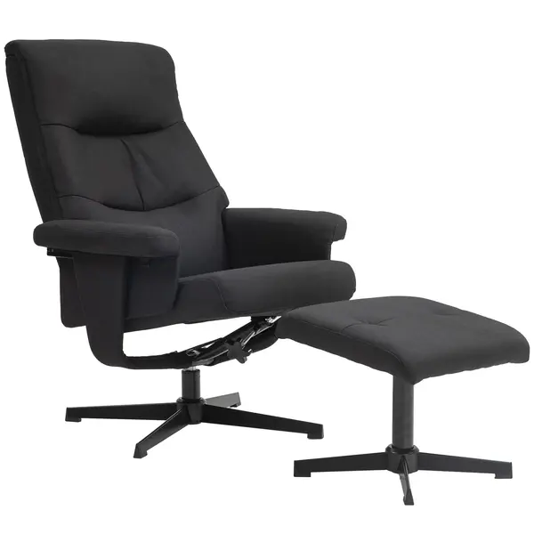 HOMCOM Fotoliu rabatabil cu taburet, rotativ, funcție de legănare, aspect catifelat, până la 150 kg, Negru | Aosom Romania