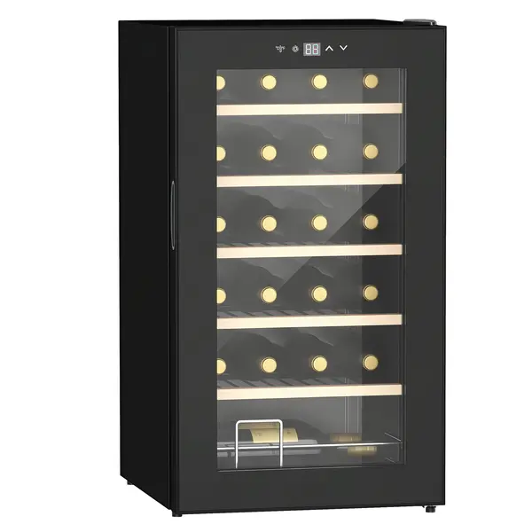 HOMCOM Frigider de Vinuri pentru 24 de Sticle de Sine Statator cu Usa de Sticla Frigider de 65 de litri cu o Singura Zona de Racire a Vinurilor cu Comenzi Digitale cu Ecran Tactil si Lumina LED Negru | Aosom Romania