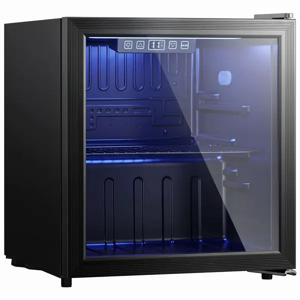 HOMCOM Frigider pentru băuturi 50 L, răcitor pentru 48 de doze cu ușă dublu vitrată, raft reglabil, iluminare LED Negru | Aosom Romania