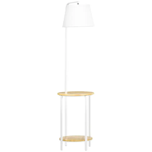 Homcom Lampă de Podea cu Rafturi și Măsuță Dublă din Bambus, Abajur Textil, Design Natural, Living sau Dormitor | Aosom Romania