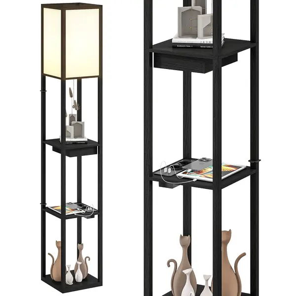 HOMCOM Lampadaire modern cu LED-uri și rafturi cu port USB A+C, comutator la picior pentru salon, cameră, birou, negru | Aosom Romania