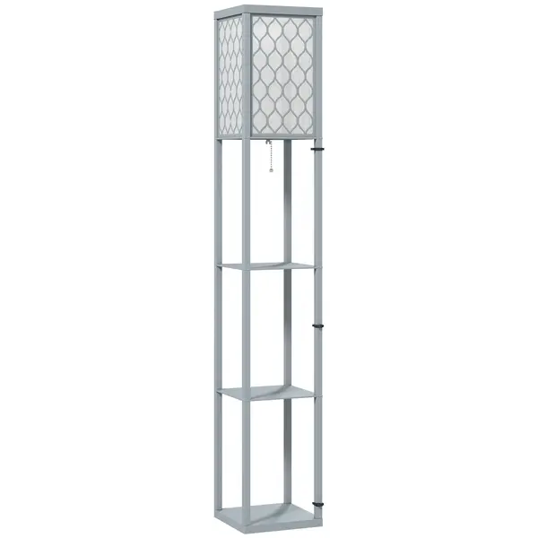HOMCOM Lampadar Podea 2 în 1, 3 Rafturi, Economisire Spațiu, Soclu E27, 26x26x160 cm, Gri Deschis | Aosom Romania