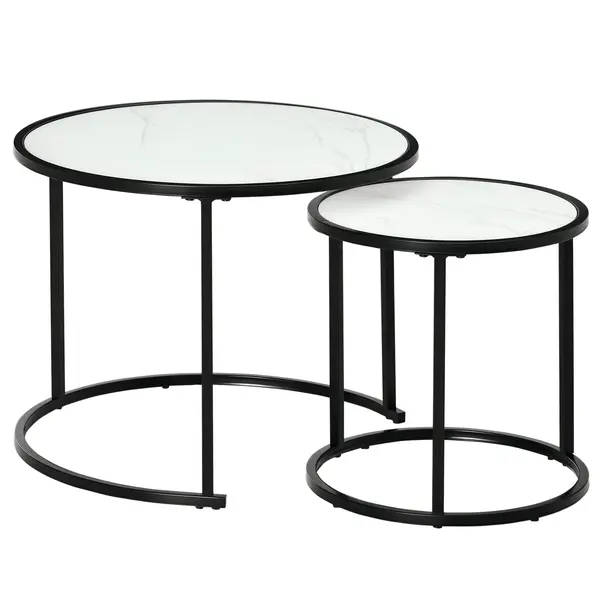 HOMCOM Lot de 2 Mese de Cafea Rotunde telescopice empilabile Blat din lemn aspect marmură și Picior metalic negru | Aosom Romania