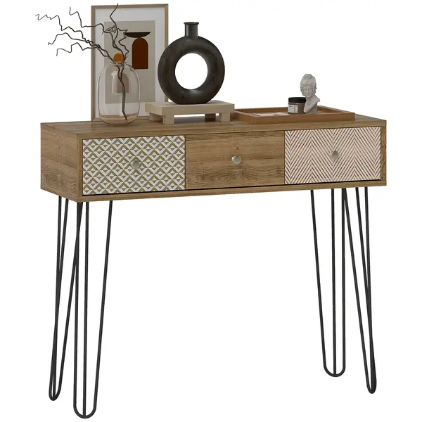 HOMCOM Masă console cu 3 sertare, masă de intrare îngustă cu picioare în formă de ac de păr din oțel, 90 x 30 x 75 cm, maro | Aosom Romania