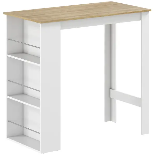 HOMCOM Masă de Bar cu 3 Polițe și Bară de Protecție, Blat de Bucătărie din Oțel și PAL, 112x57x106 cm, Alb | Aosom Romania