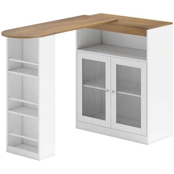HOMCOM Masă de Bar Extensibilă și Rotativă 360° cu Rafturi Deschise și 2 Uși din Sticlă 150x80x105,5 cm Alb și Lemn Natural | Aosom Romania