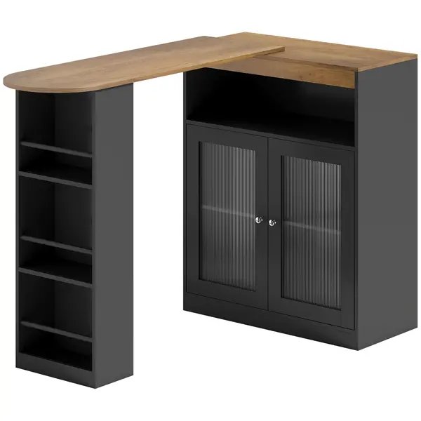 HOMCOM Masă de Bar Extensibilă și Rotativă 90° cu Rafturi Deschise și 2 Uși din Sticlă 150x80x105,5 cm Negru și Natural | Aosom Romania