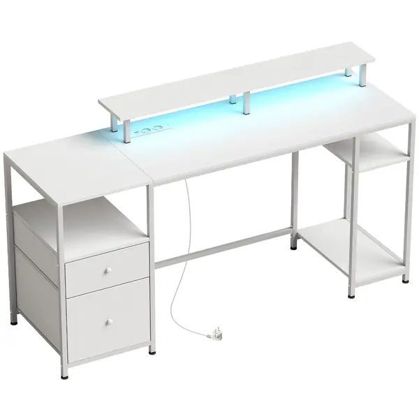 HOMCOM Masă de birou cu lumini LED, sertare, prize, porturi USB și suport pentru monitor 155,5x48x88,5 cm Alb | Aosom Romania