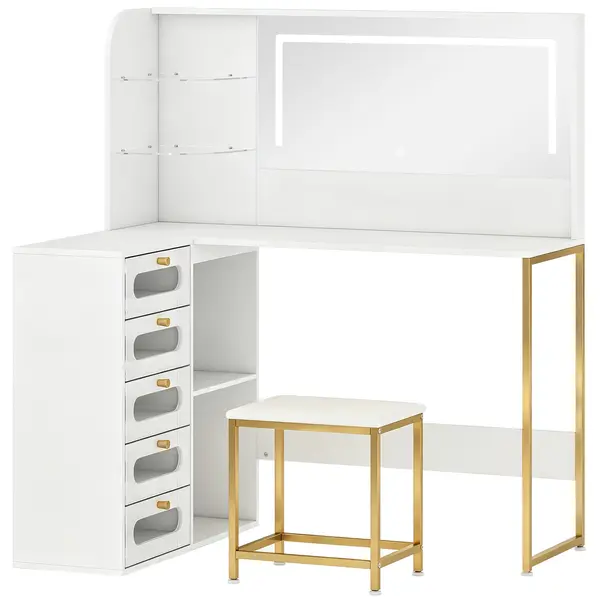 HOMCOM Masă de machiaj cu oglindă, lumini LED, taburet, 5 sertare, 2 compartimente și 2 rafturi din sticlă, alb | Aosom Romania