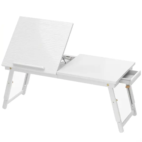 HOMCOM Masă de pat pliabilă și reglabilă, blat pentru laptop din bambus cu înclinare 83,5x33x34cm alb | Aosom Romania
