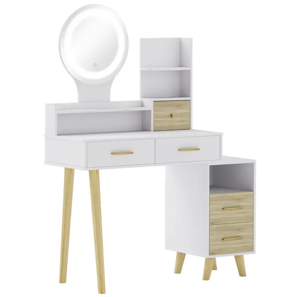 HOMCOM Masă de toaletă cu oglindă și lumini LED reglabile cu 5 sertare 4 compartimente și 1 poliță 100x44x137 cm Alb și Natural | Aosom Romania