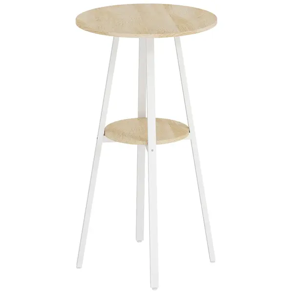 HOMCOM Masă Înaltă Rotundă cu Raft, Masă Modernă pentru Bucătărie sau Dining, PAL, Metal, Lemn Natural și Alb | Aosom Romania