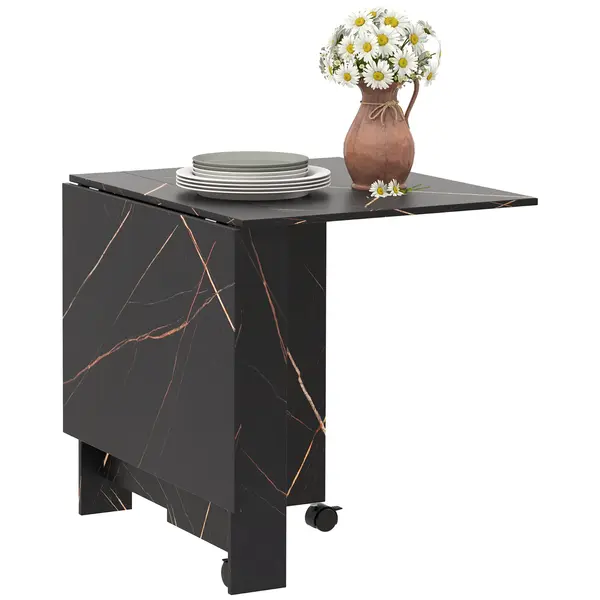 HOMCOM Masă pliabilă de bucătărie masă de dining pliabilă cu 2 aripi 2 roti cu frâne 120 x 80 x 73 cm negru marmorat imitație | Aosom Romania