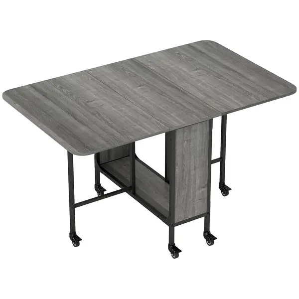 HOMCOM Masă Pliabilă, Rabatabilă pentru 4-6 Persoane cu Raft și 6 Roți, din Lemn și Metal, 130x80x74 cm, Gri | Aosom Romania