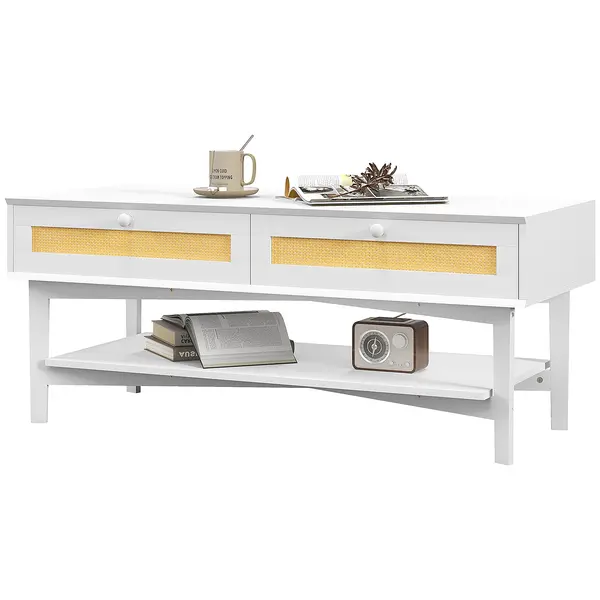 HOMCOM Măsuță de Cafea Dreptunghiulară cu 2 Sertare, Măsuță Boho Joasă din Ratan și Lemn, Dimensiuni 120x50x50 cm, Alb și Lemn Natural | Aosom Romania