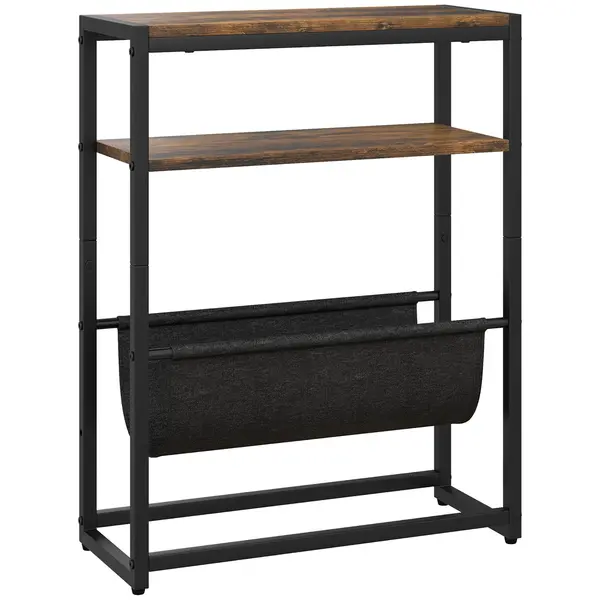 HOMCOM Măsuță De Living Îngustă cu 2 Rafturi, Suport Reviste V, PAL Oțel, 43x18x56 cm, Maro Rustic | Aosom Romania