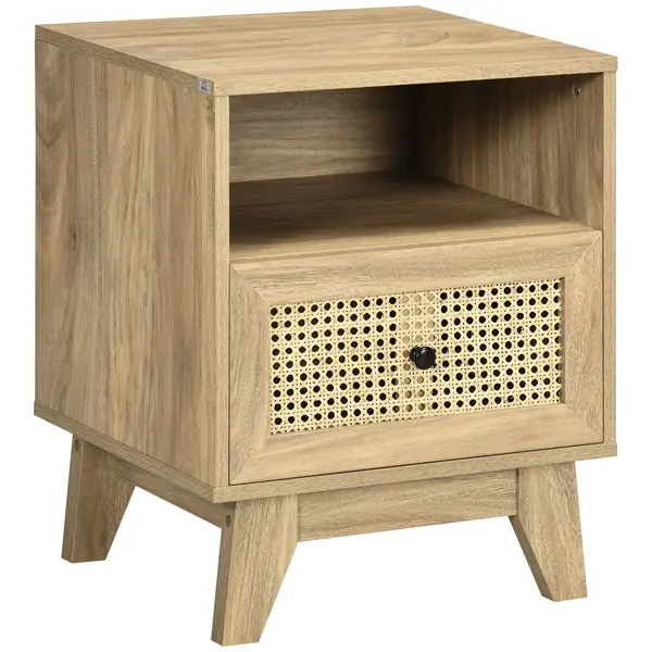 HOMCOM Masuță de noapte cu sertar, ușă împletită din rattan și raft de depozitare vintage 45 x 39 x 56,5 cm | Aosom Romania