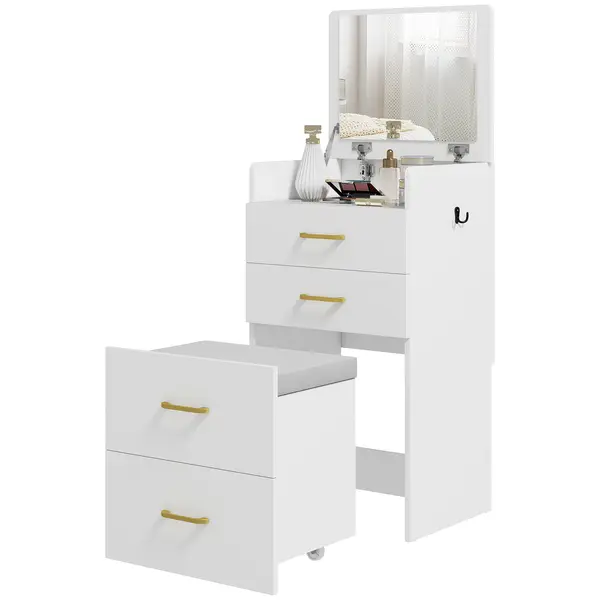 HOMCOM Masuta de Toaleta 3-in-1 cu Oglinda, Masuta de Noapte, Scaun cu Rotile, Sertare, Alb | Aosom Romania