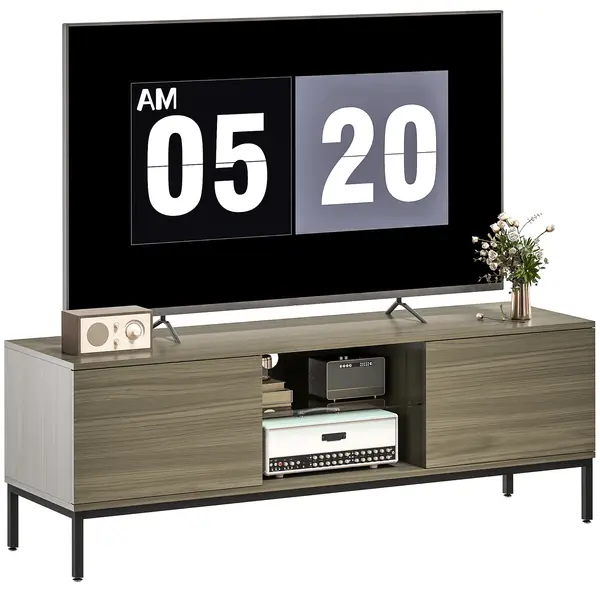 HOMCOM Meuble TV meuble télé pentru televizoare de până la 60 de inch cu 2 uși și raft din sticlă ajustabil 140x40x49,5cm gri | Aosom Romania