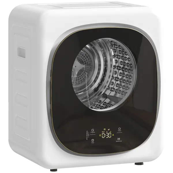 HOMCOM Mini Uscător de Rufe Portabil 4 kg, 5 Programe, 800W, Până la 60℃, Timer, Tambur Oțel Inoxidabil, Casă, Alb | Aosom Romania