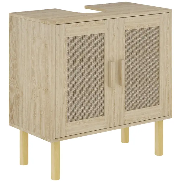 HOMCOM Mobila baie sub chiuveta mobilier sub chiuveta usi din rachita picioare din lemn de pin 2 nivele 60 x 30 x 60 cm stejar | Aosom Romania