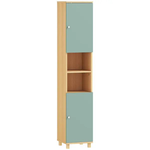 HOMCOM Mobilier de baie corp de depozitare 2 dulapuri 2 compartimente deschise rafturi reglabile 30 x 30 x 166 cm, verde | Aosom Romania