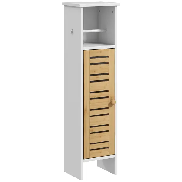 HOMCOM Mobilier de baie cu suport pentru hârtie igienică bară detașabilă 3 Nivele + Ieșire Hârtie, 78H cm, Bambus alb | Aosom Romania