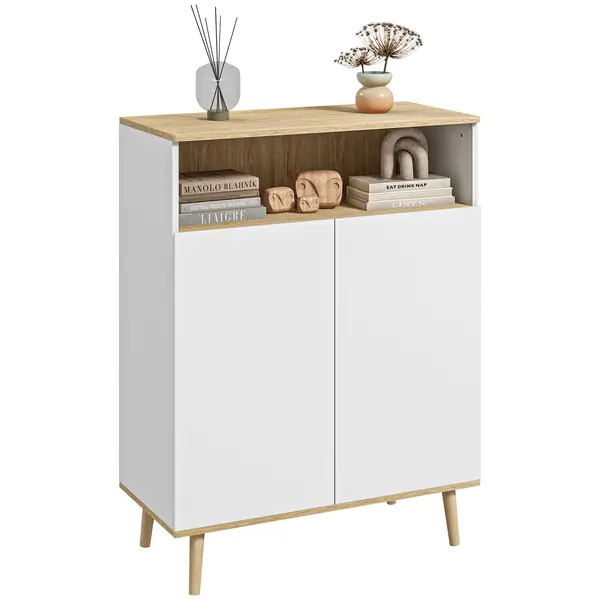 HOMCOM Mobilier de depozitare bufet pe picior scandinav dulap 2 uși cu raft interior alb și aspect lemn | Aosom Romania