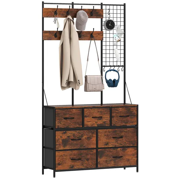 HOMCOM Mobilier de intrare 4 în 1, portmanteau, vestiar cu 7 sertare din material textil și 14 cuiere, 100 x 30 x 183 cm, brun rustic | Aosom Romania