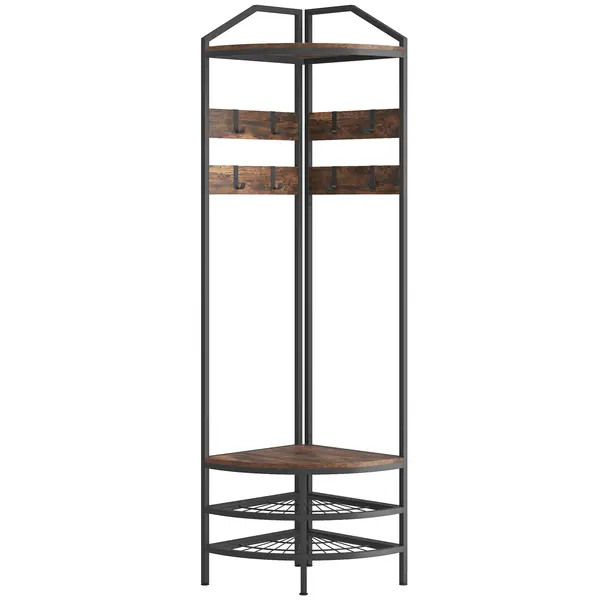 HOMCOM Mobilier de intrare de colț, vestiar cu 4 niveluri, depozitare pentru încălțăminte, 8 cârlige mobile, 2 rafturi, maro rustic | Aosom Romania