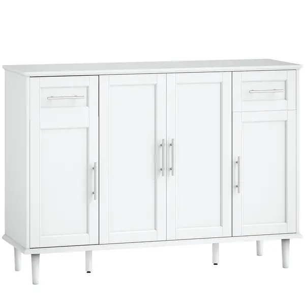 HOMCOM Mobilier de Sufragerie, Credență cu 2 Sertare și 3 Dulapuri cu Rafturi Reglabile, Comodă cu Picioare din Pin pentru Sala de Mese și Bucătărie, 120x38x86 cm, Alb | Aosom Romania
