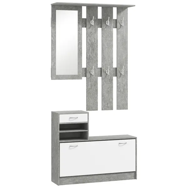 HOMCOM Mobilier Hol, 3 piese, cu Raft pentru Haine, Oglindă, 6 Cârlige, 2 Rafturi și Sertare, 90x24x177 cm, Gri | Aosom Romania
