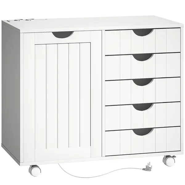 HOMCOM Mobilier pentru imprimantă cu stație de încărcare și roți 5 sertare porturi USB poliță reglabilă alb | Aosom Romania