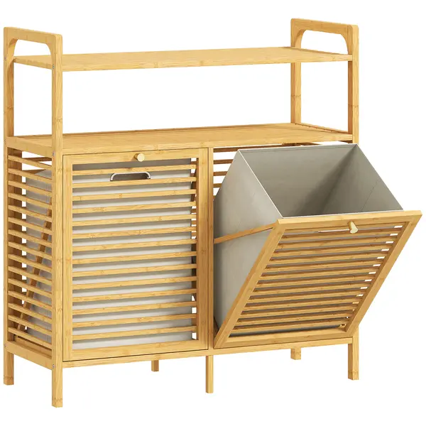 HOMCOM Mobilier pentru Rufe de Baie cu 2 Compartimente Basculante, 82L, Suport pentru Rufe Murdare din Bambus cu Coșuri Detașabile și Lavabile și 2 Rafturi, pentru Spălătorie și Baie, 82x33x88 cm, Culoare Lemn | Aosom Romania