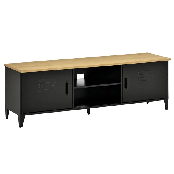 HOMCOM Mobilier TV Banc TV pentru televizoare de 55'' cu 2 Dulapuri Picioare Reglabile Cadru metalic negru Tablou din lemn natural 150 x 40 x 50 cm | Aosom Romania