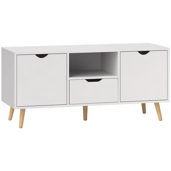 HOMCOM Mobilier TV de 50" cu Sertar, Raft Deschis și 2 Dulapuri, Mobilier TV cu 5 Picioare din Lemn, 110x40x50 cm, Alb | Aosom Romania