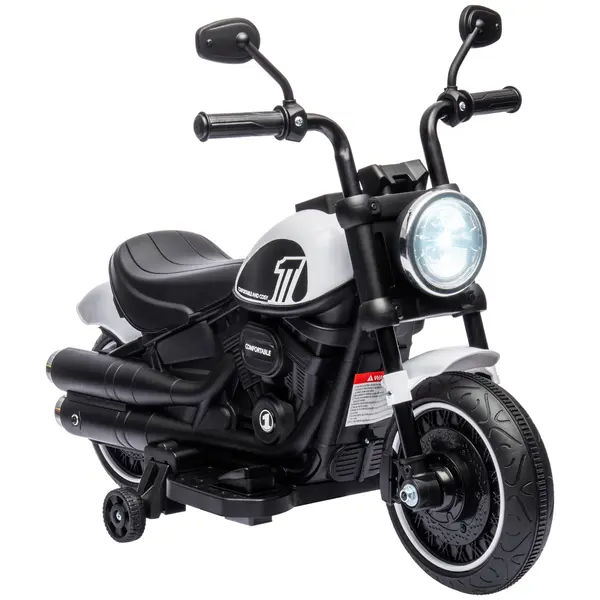 HOMCOM Motocicletă Electrică pentru Copii 18-36 Luni cu Roți Ajutătoare și Far, 76x42x57 cm, Alb și Negru | Aosom Romania